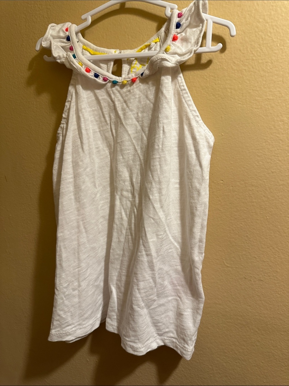 Mini Boden White Tank Top with Multicolor Pom Trim